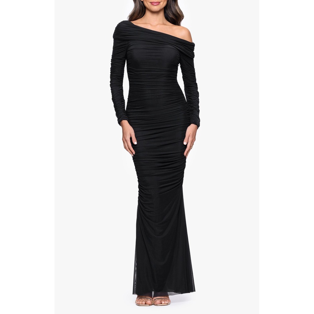 New!‎ Betsy & Adam Ruched One-Shoulder Long Sleeve Mesh Gown Black Size 6